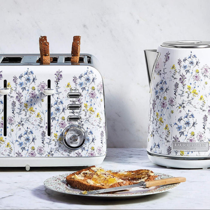 Laura Ashley Wild Meadow 4 slice toaster and jug kettle on a marble bench