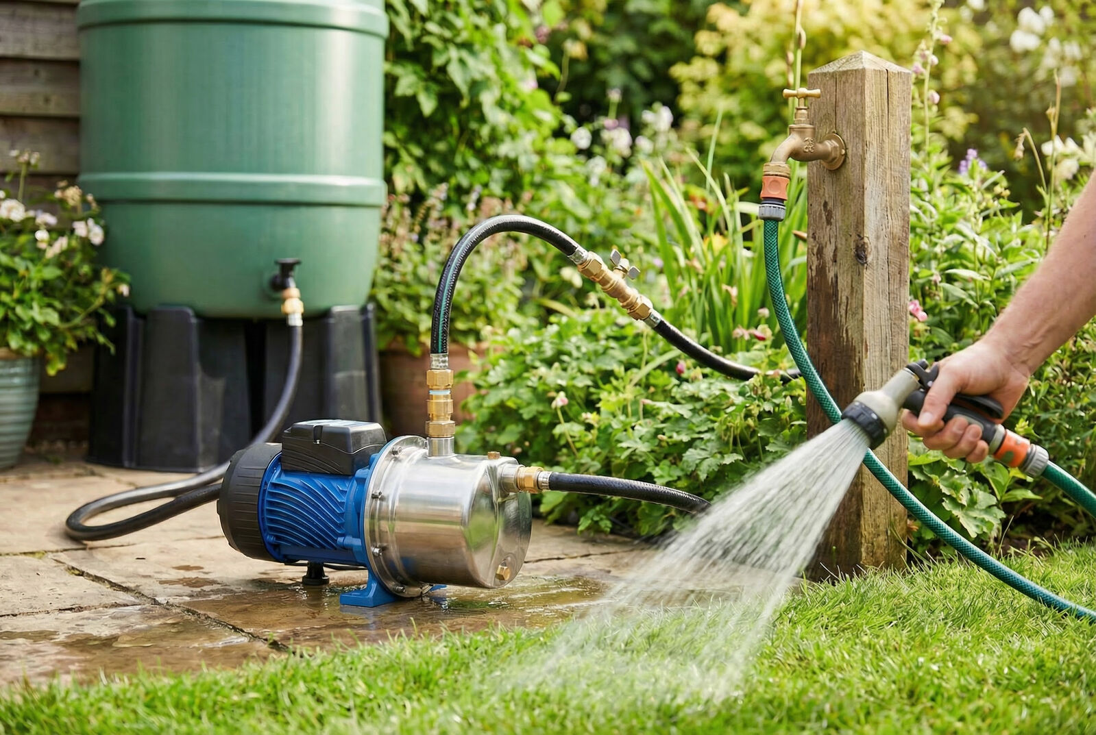 Rural Max stainless pressure pump supplying a garden hose from a rainwater tank