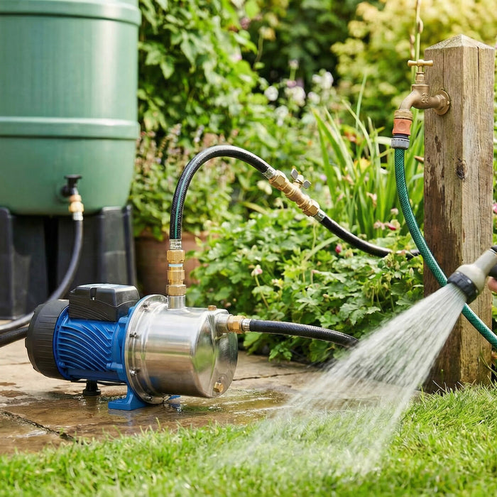 Rural Max stainless pressure pump supplying a garden hose from a rainwater tank