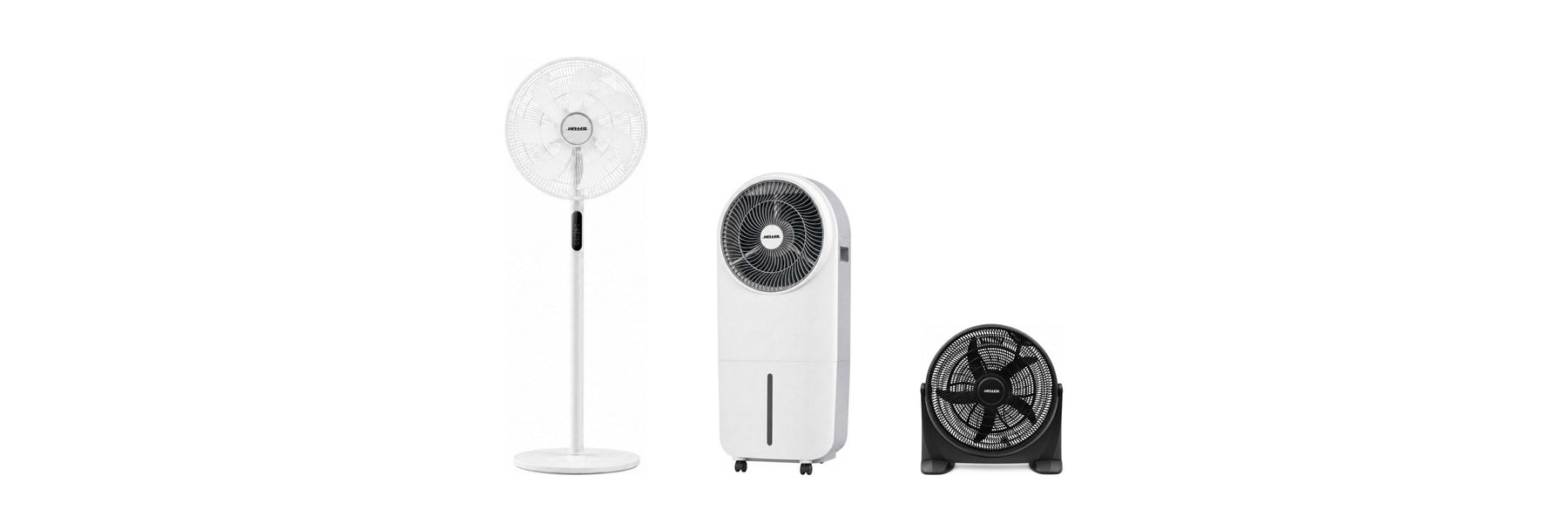New Heller fans: HPF40RDC DC pedestal fan, HECS20 evaporative cooler and HVF40B high velocity fan