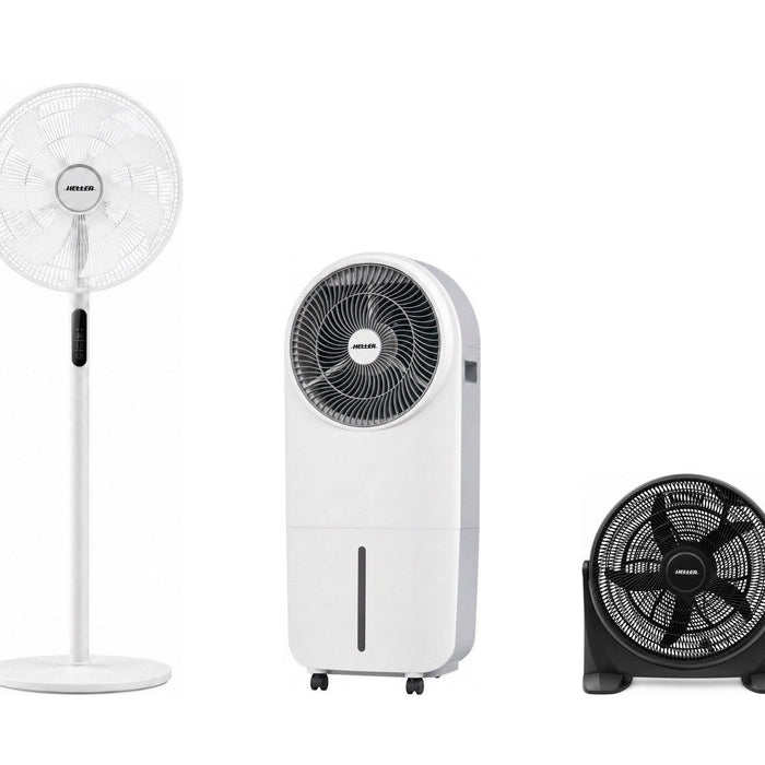 New Heller fans: HPF40RDC DC pedestal fan, HECS20 evaporative cooler and HVF40B high velocity fan