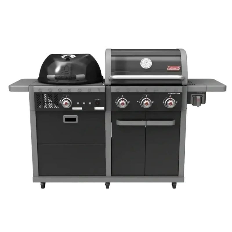 Outdoor grill with kettle charcoal burner