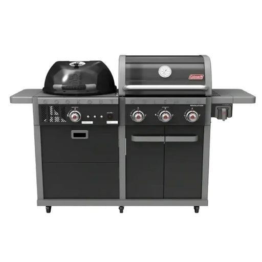 Outdoor grill with kettle charcoal burner