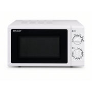 A white MAXIM brand microwave oven with a black door window and two white rotary control dials on the right side, shown against a plain white background.