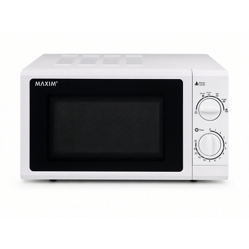 A white MAXIM brand microwave oven with a black door window and two white rotary control dials on the right side, shown against a plain white background.