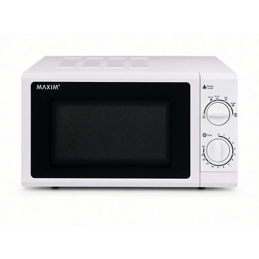 A white MAXIM brand microwave oven with a black door window and two white rotary control dials on the right side, shown against a plain white background.