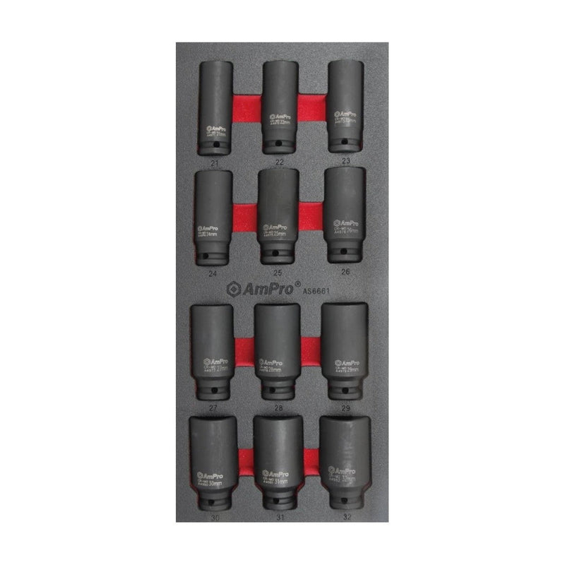 Ampro 1/2" Drive Metric Deep Impact Socket Set 12 Piece AS6661 — image 1