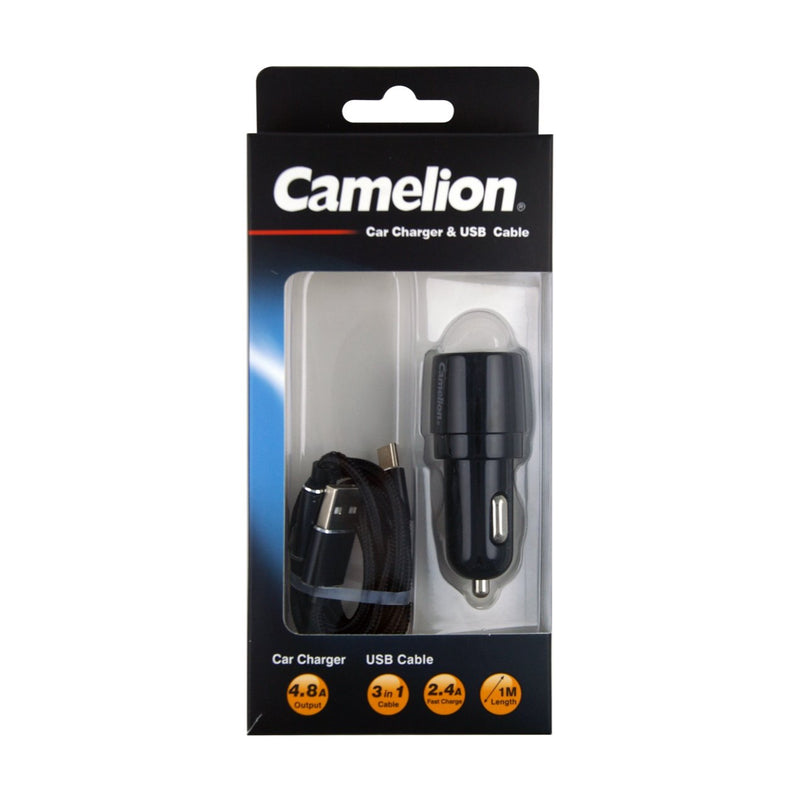 Camelion USB Car Charger 4,800 Mah + 3-In-1 USB Micro/Type-C/Lightning Cable — image 1