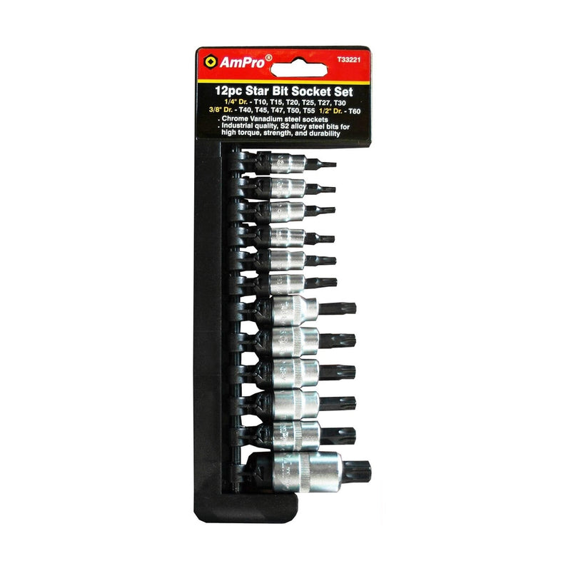 Ampro 12PC 1/4" 3/8" 1/2" Dr Star Bit Socket Set (T10-T60) T33221 — image 1