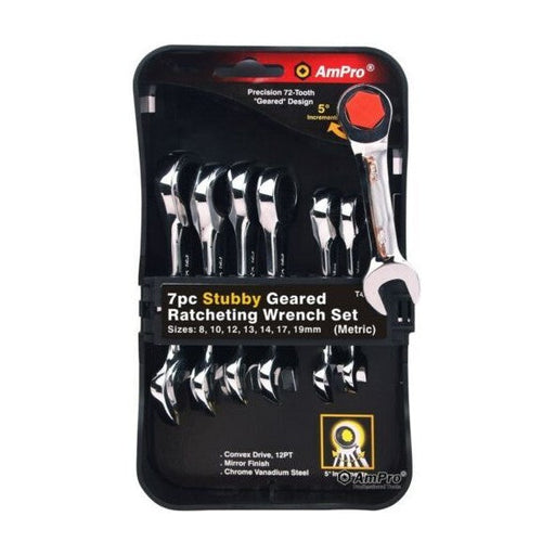 Ampro 7PC Stubby Geared Ratcheting Wrench Set (8-19mm) T41383 — image 1
