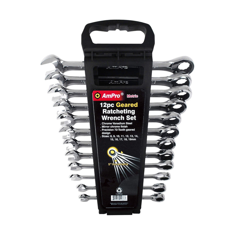 Ampro 12PC Geared Ratcheting Wrench Set (8-19mm) T41487 — image 1