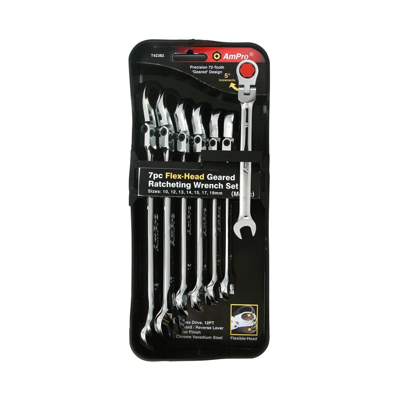 Ampro 7PC Flex-Head Geared Ratcheting Wrench Set (10-19mm) T42382 — image 1