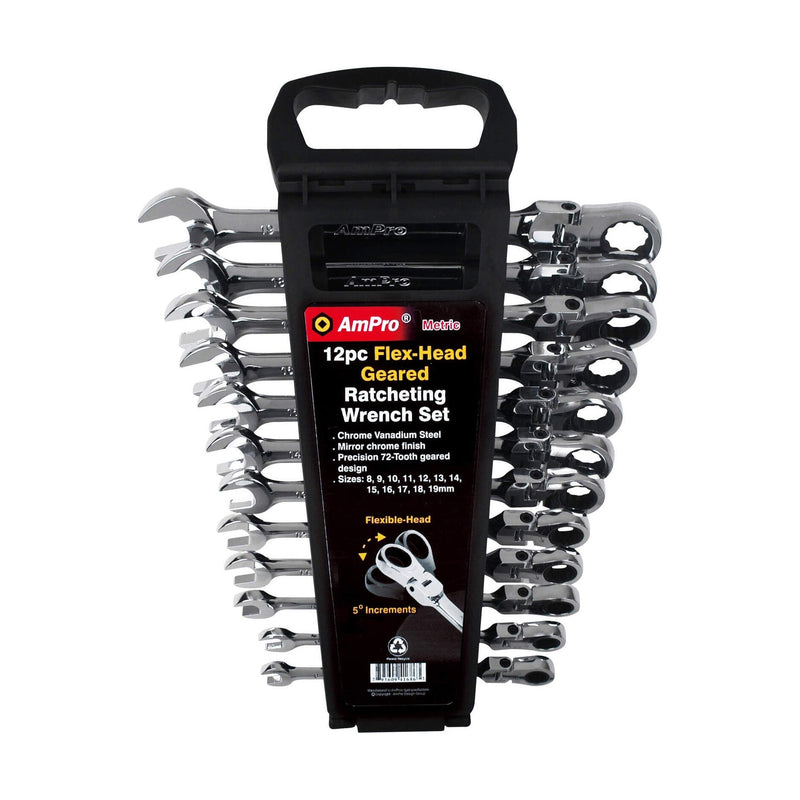 Ampro 12PC Flex-Head Geared Ratcheting Wrench Set (8 -19mm) T42387 — image 1