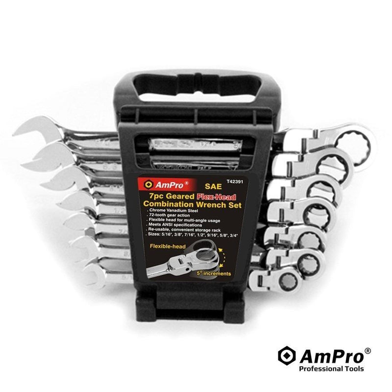 Ampro 7PC Flex-Head Geared Ratcheting Wrench Set (5/16"-3/4") T42391 — image 1