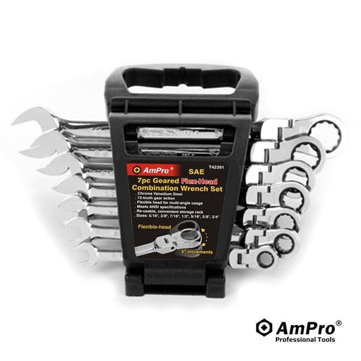Ampro 7PC Flex-Head Geared Ratcheting Wrench Set (5/16"-3/4") T42391 — image 1