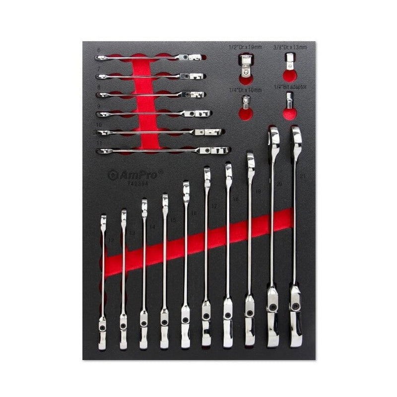 Ampro Flex Head Geared Metric Ratcheting Wrench & Adaptor Set 20 Piece T42394 — image 1