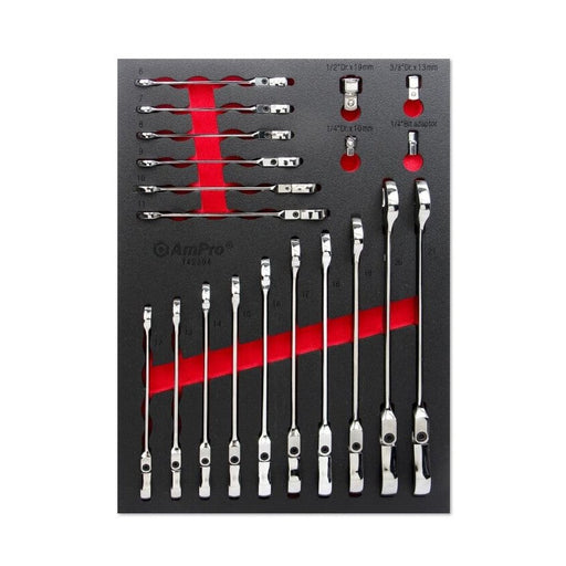 Ampro Flex Head Geared Metric Ratcheting Wrench & Adaptor Set 20 Piece T42394 — image 1