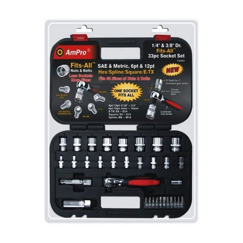 Ampro Fits-All Socket Set 1/4" & 3/8" Dr (SAE & METRIC) 33PC — image 1