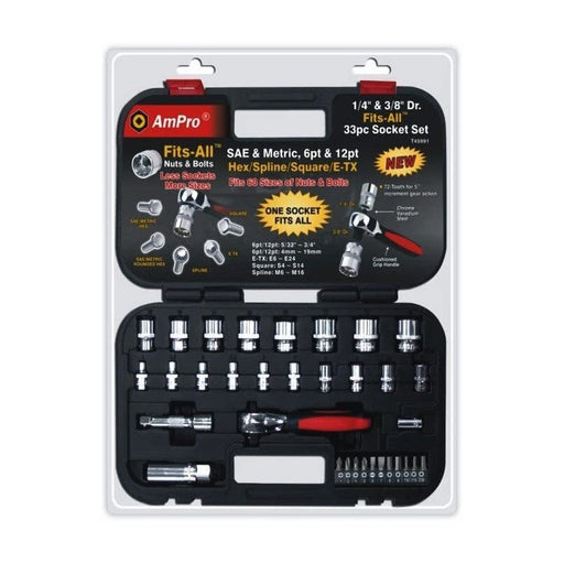 Ampro Fits-All Socket Set 1/4" & 3/8" Dr (SAE & METRIC) 33PC — image 1